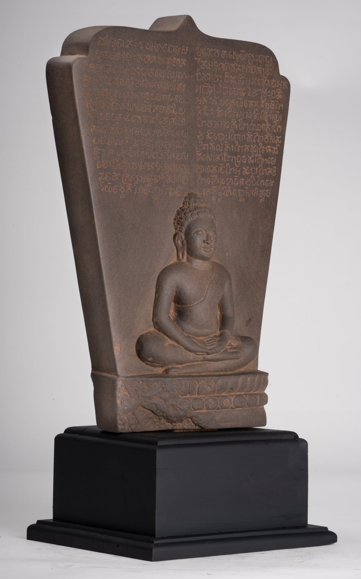 Buddha Statue - Antique Khmer Style Stone Stele Seated Meditation Buddha Statue - 46cm/18"