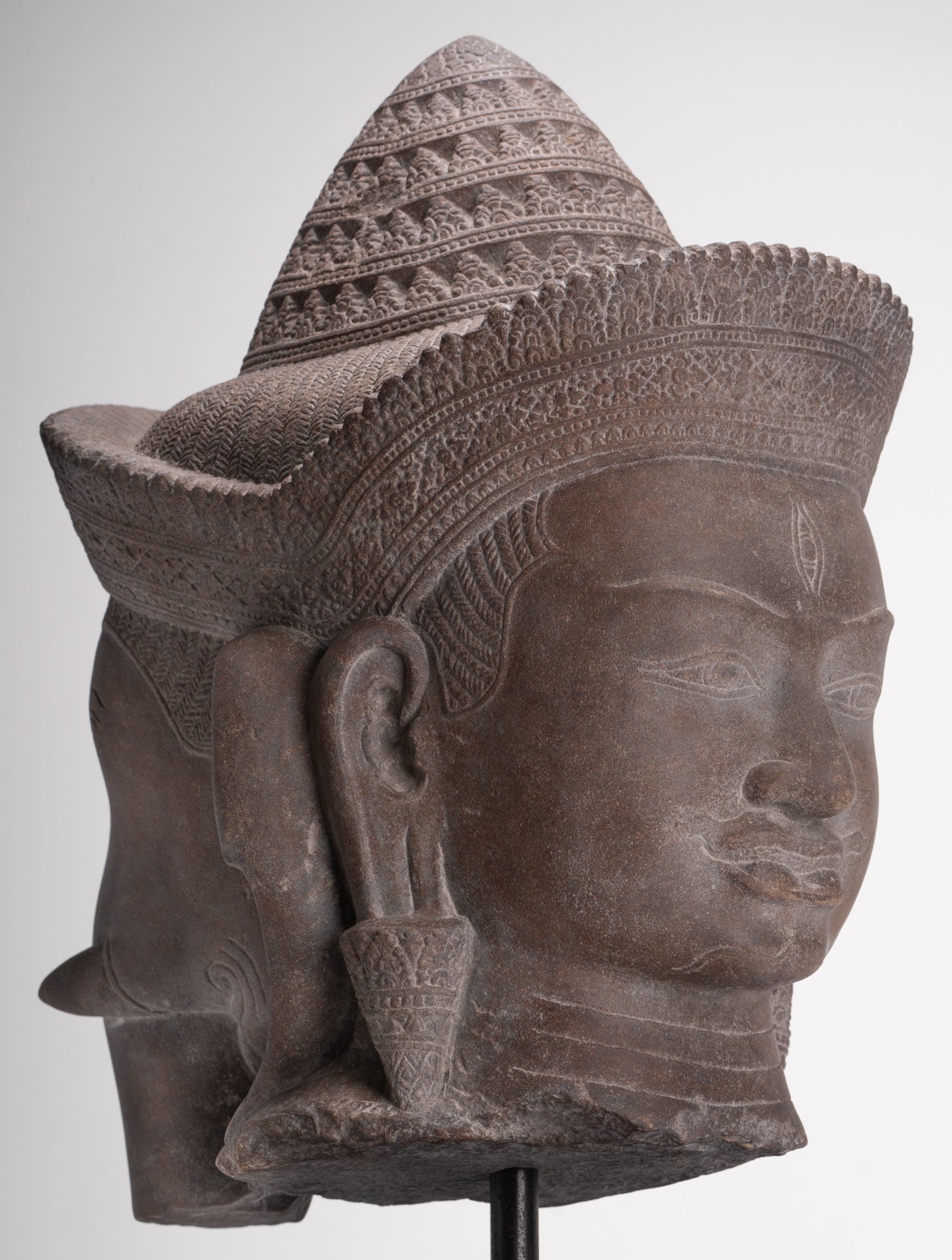 Shiva Ganesha Statue - Antique Banteay Srei Style Khmer Stone Shiva & Ganesha Statue Head - 54cm/22"