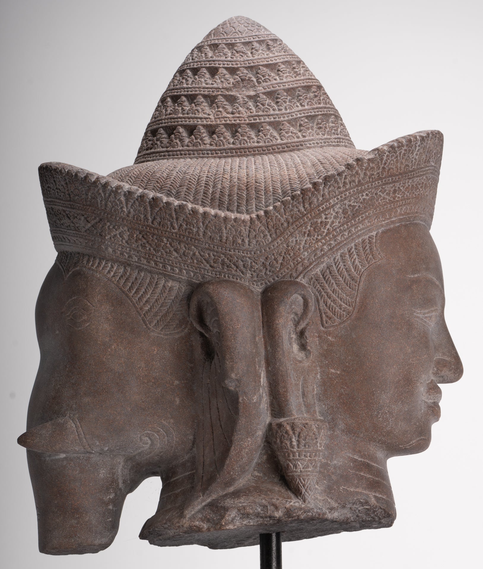 Shiva Ganesha Statue - Antique Banteay Srei Style Khmer Stone Shiva & Ganesha Statue Head - 54cm/22"