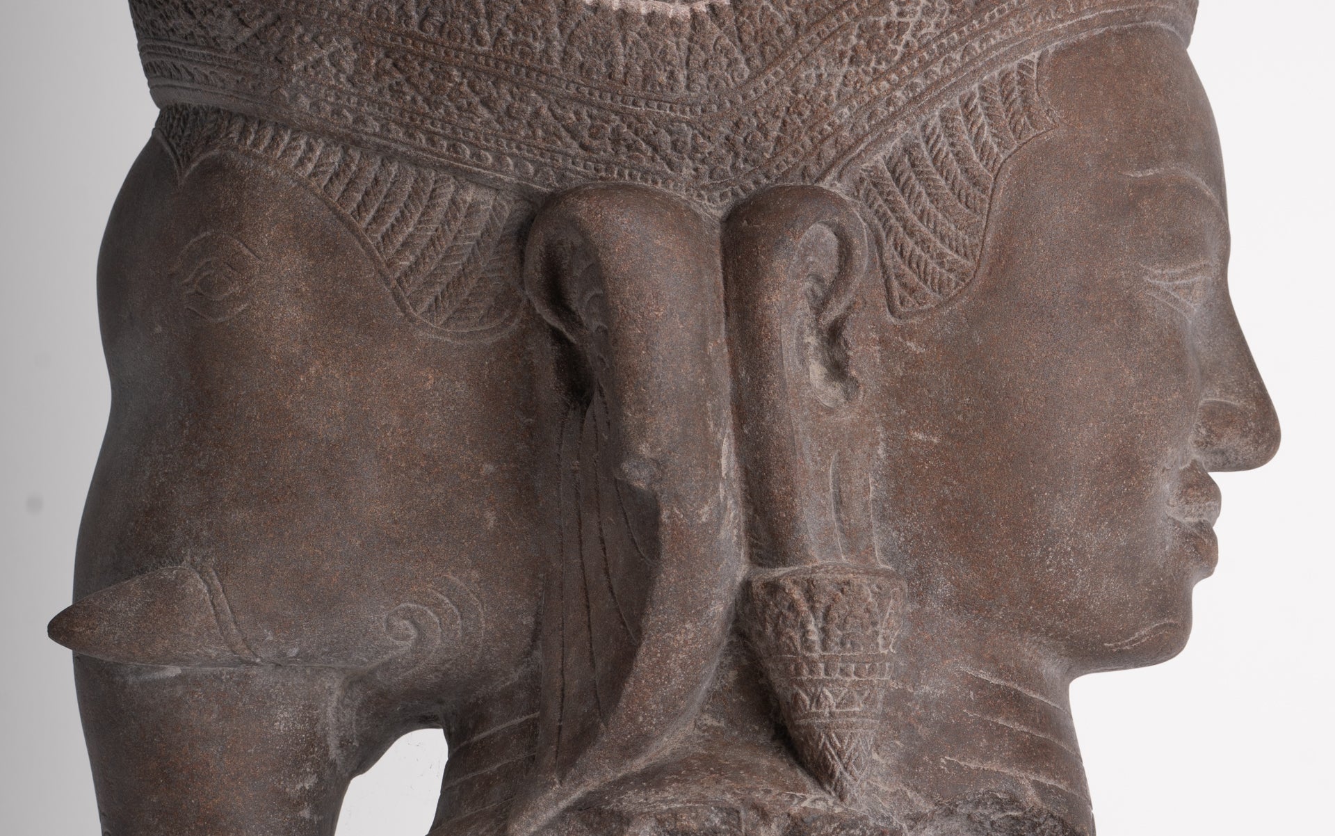 Shiva Ganesha Statue - Antique Banteay Srei Style Khmer Stone Shiva & Ganesha Statue Head - 54cm/22"