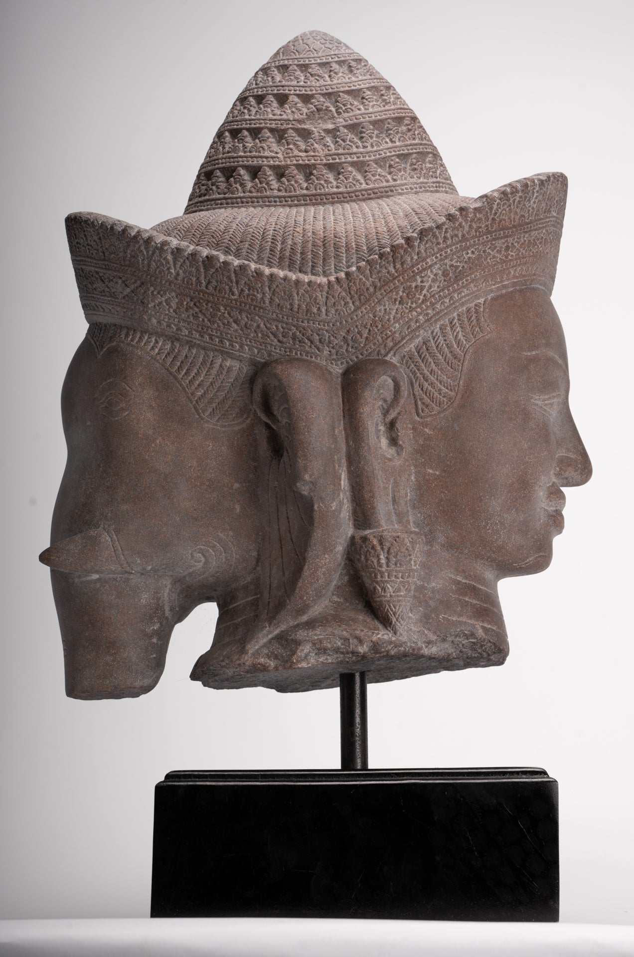 Shiva Ganesha Statue - Antique Banteay Srei Style Khmer Stone Shiva & Ganesha Statue Head - 54cm/22"