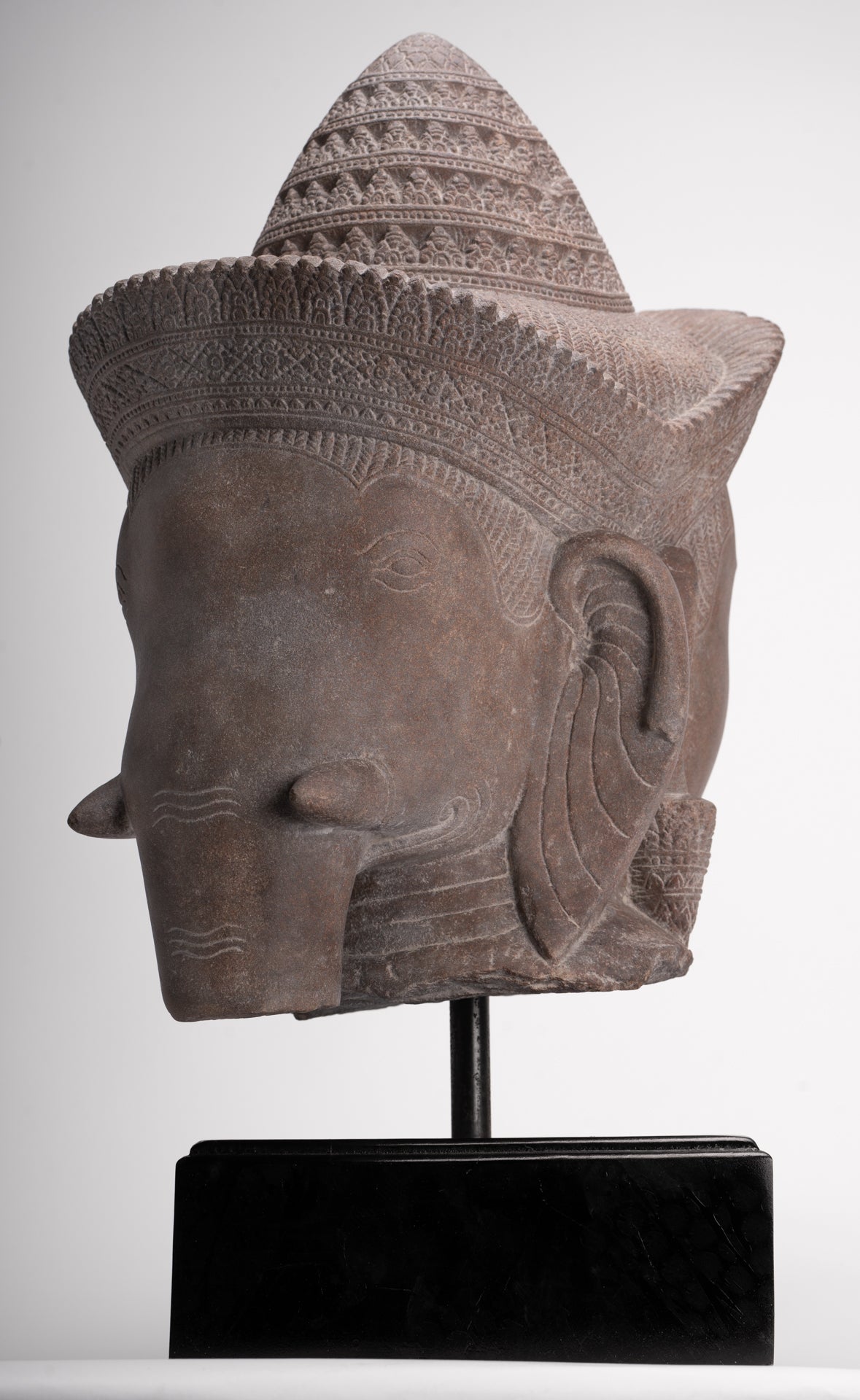 Shiva Ganesha Statue - Antique Banteay Srei Style Khmer Stone Shiva & Ganesha Statue Head - 54cm/22"