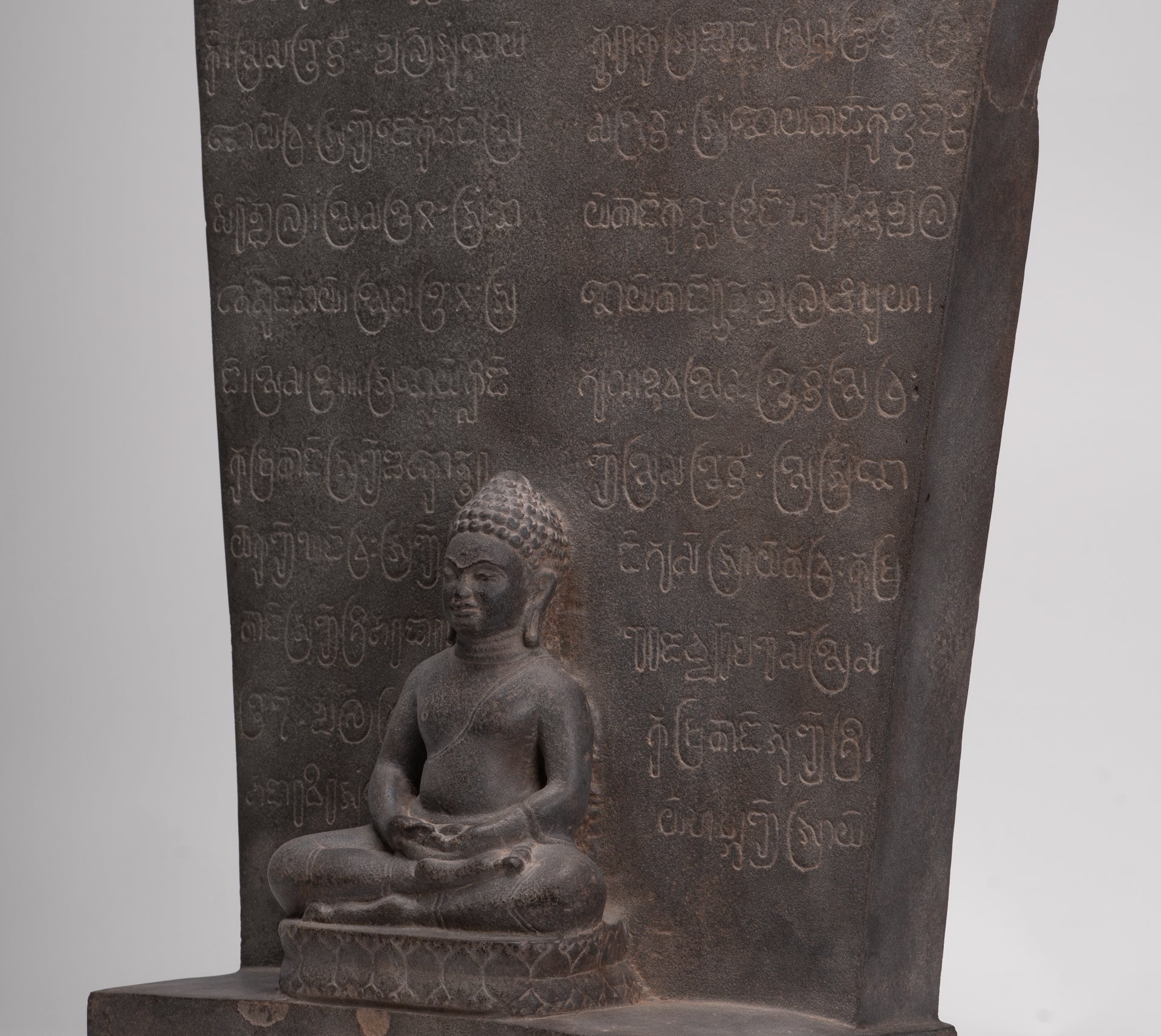 Buddha Statue - Antique Khmer Style Stone Stele Seated Meditation Buddha Statue - 61cm/24"