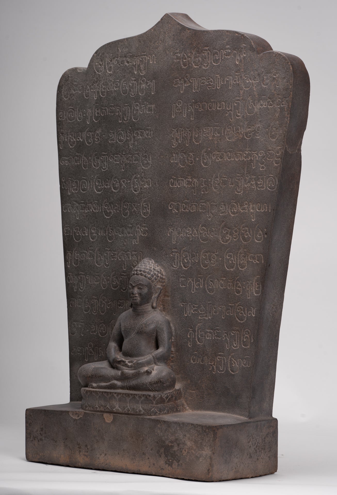 Buddha Statue - Antique Khmer Style Stone Stele Seated Meditation Buddha Statue - 61cm/24"