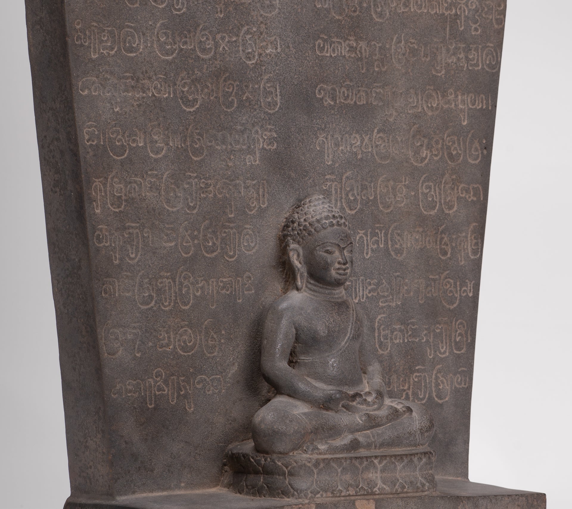 Buddha Statue - Antique Khmer Style Stone Stele Seated Meditation Buddha Statue - 61cm/24"