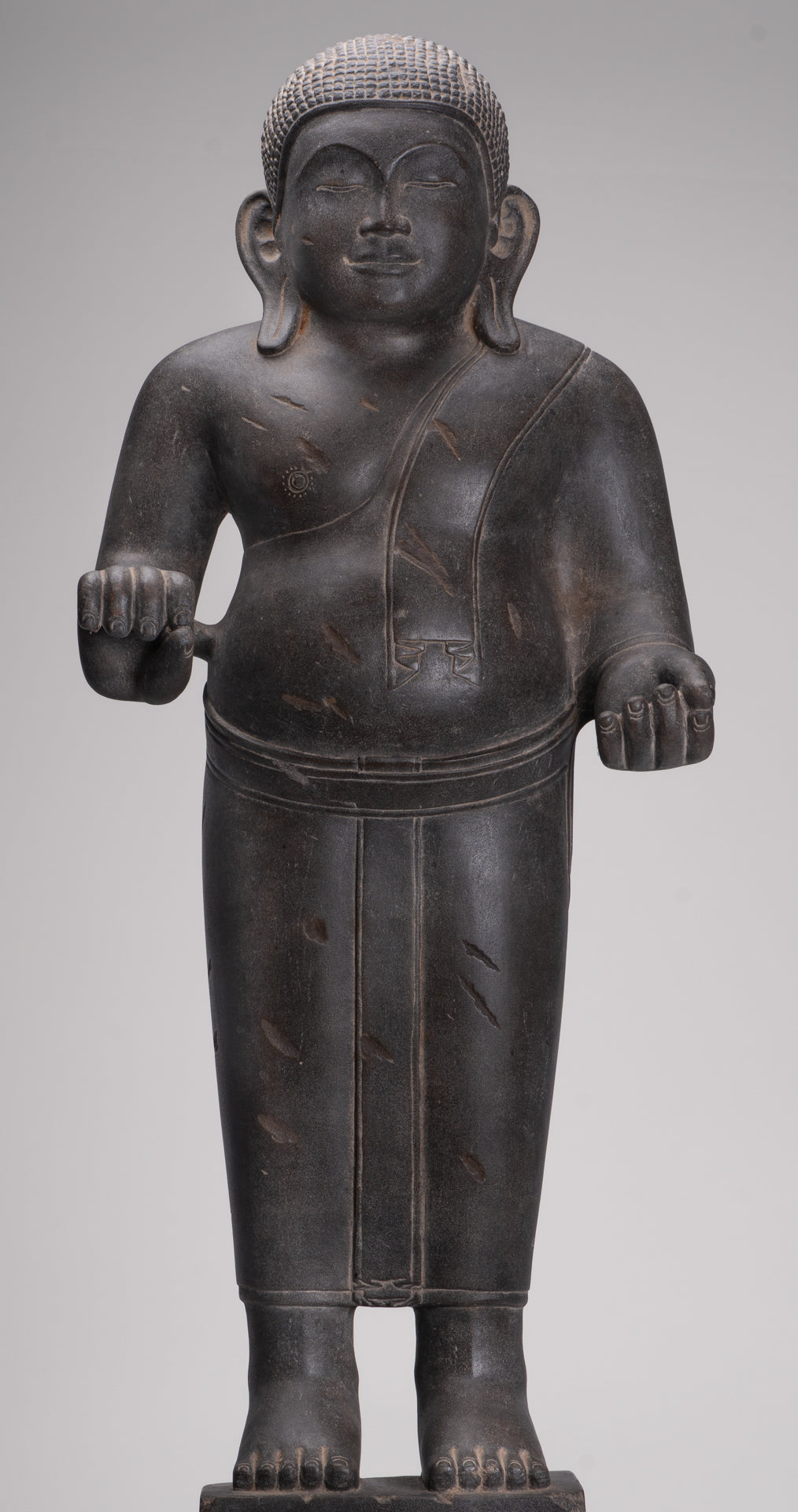 Smiling Monk Statue - Antique Thai Style Stone Phra Sangkachai Monk Statue - 99cm/40"