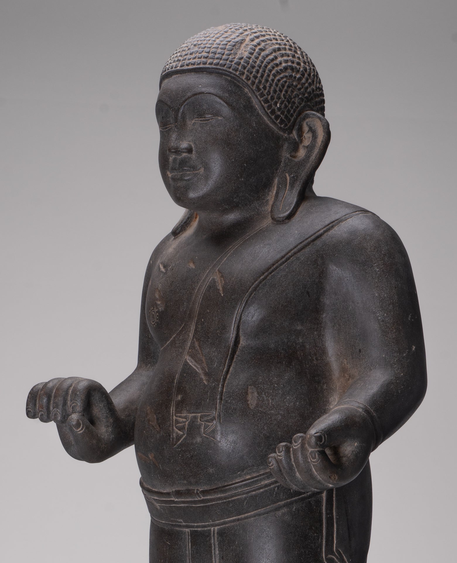 Smiling Monk Statue - Antique Thai Style Stone Phra Sangkachai Monk Statue - 99cm/40"