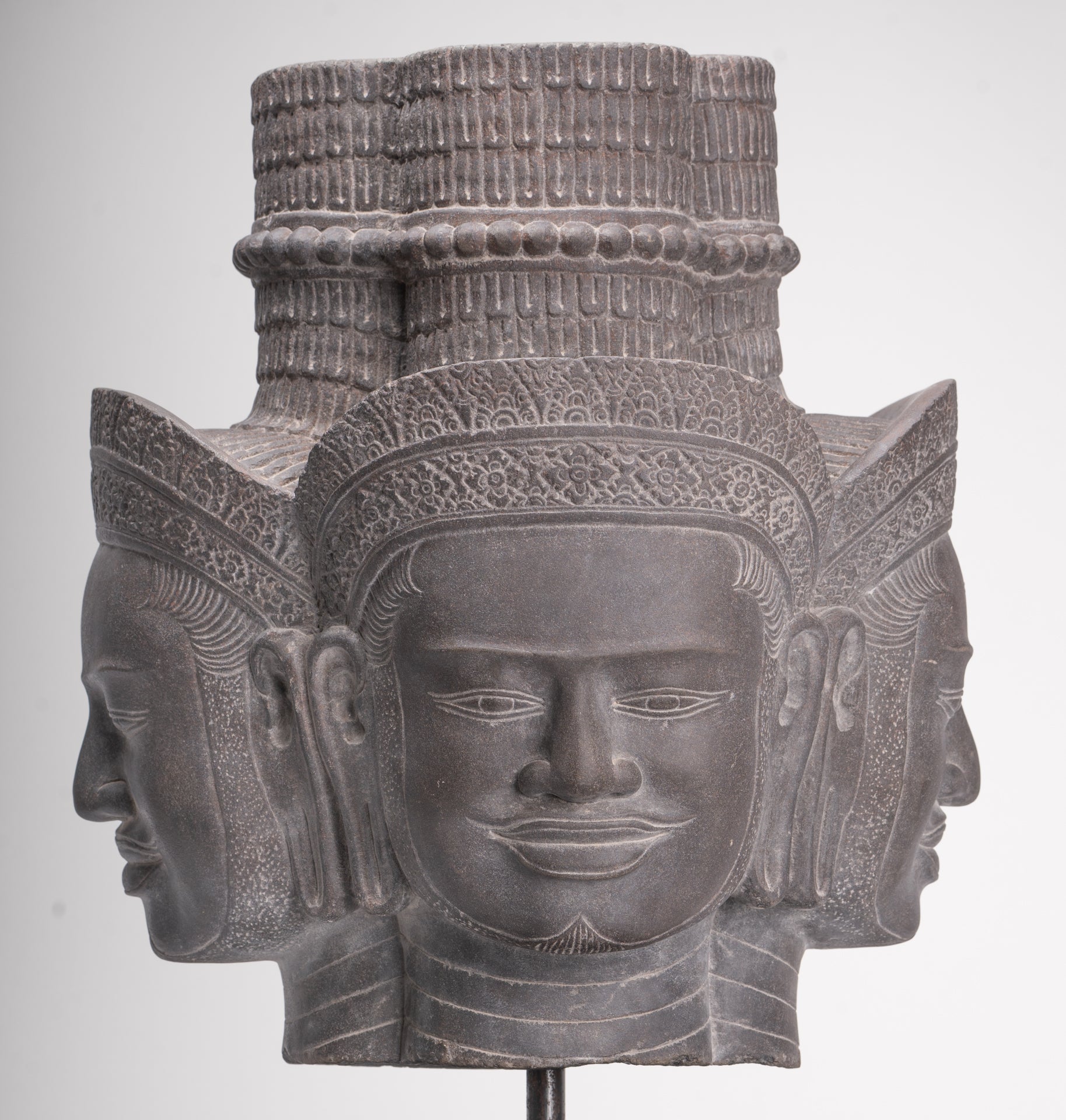 Brahma Statue - Antique Khmer Style Koh Ker Mounted Stone Brahma Head - Hindu God Creation - 60cm/24"