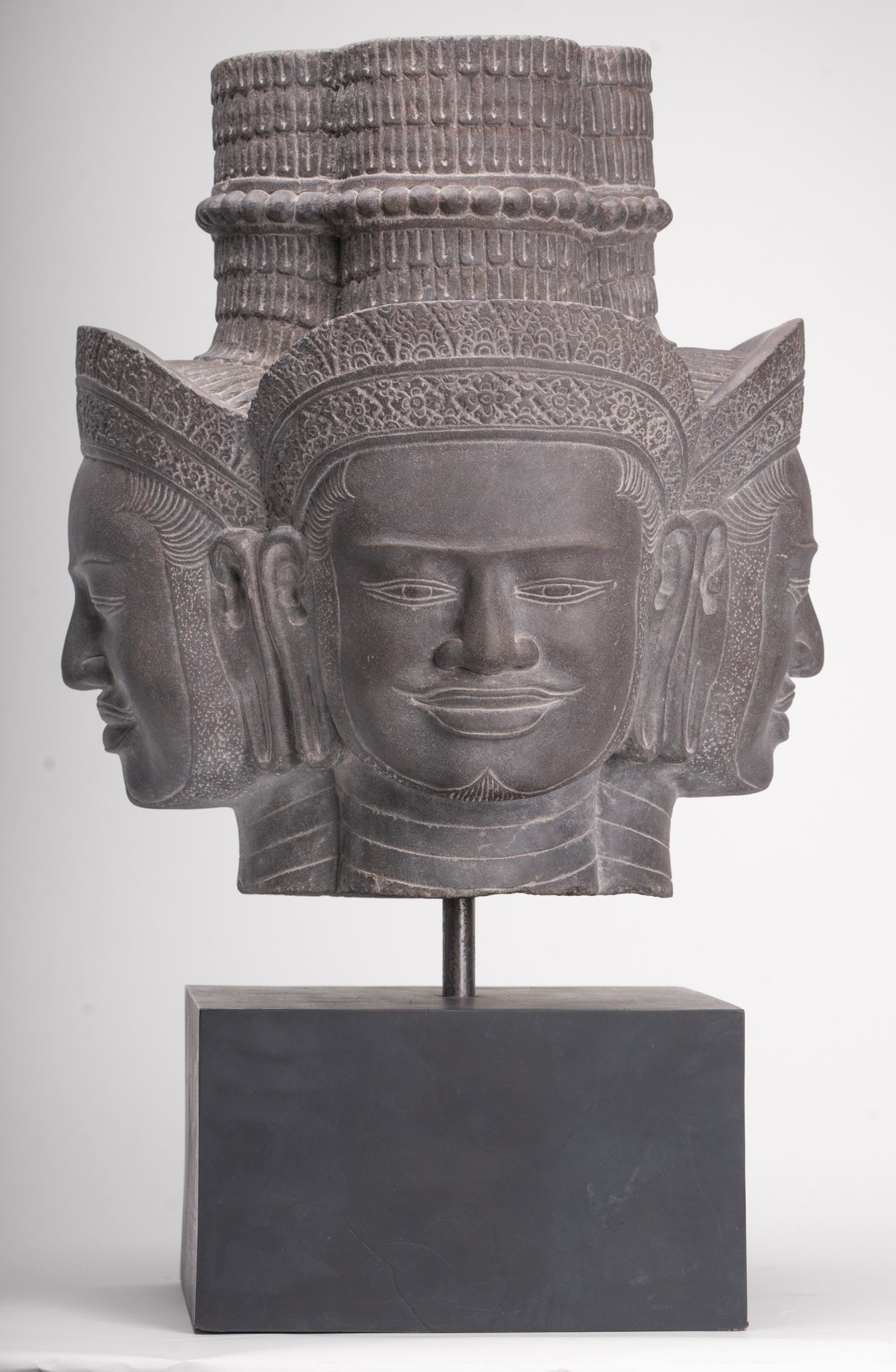 Brahma Statue - Antique Khmer Style Koh Ker Mounted Stone Brahma Head - Hindu God Creation - 60cm/24"