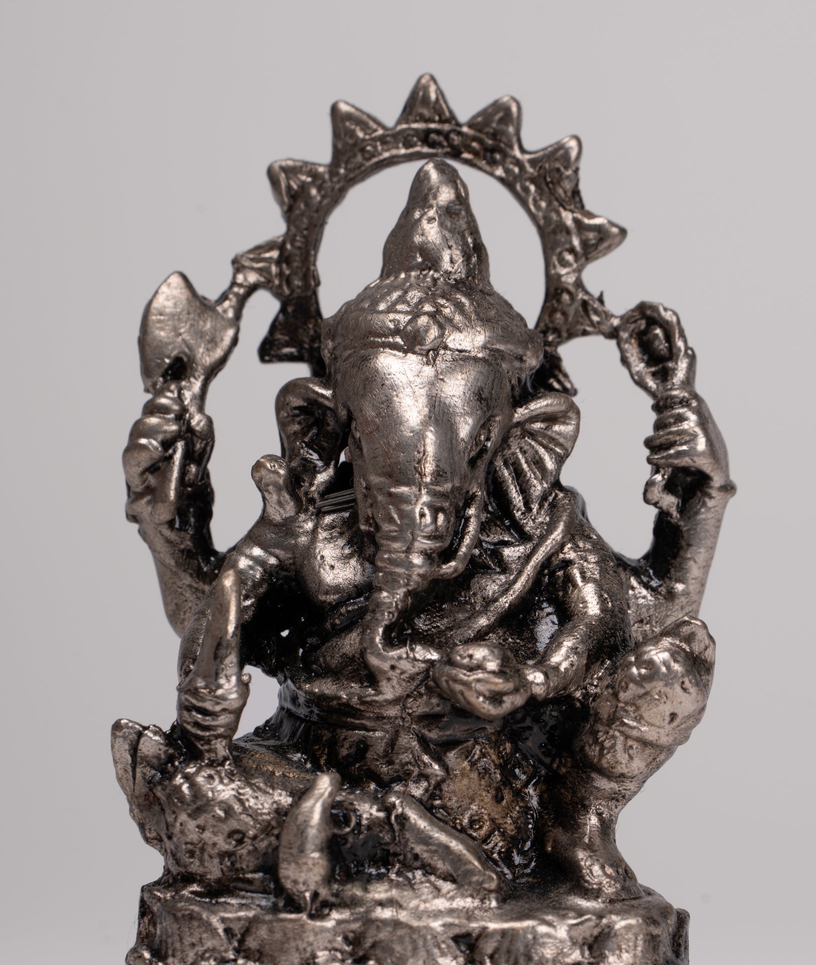 Ganesha Statue - Antique Thai Style Bronze Seated Silver Ganesha Statue - 10cm/4"