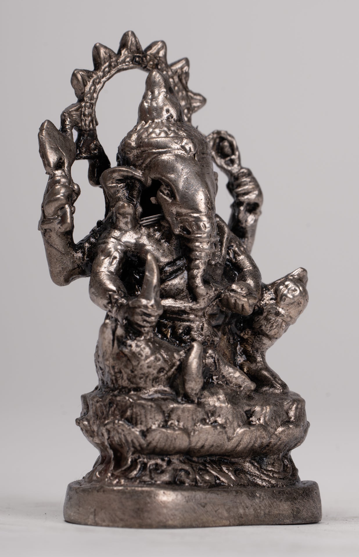 Ganesha Statue - Antique Thai Style Bronze Seated Silver Ganesha Statue - 10cm/4"