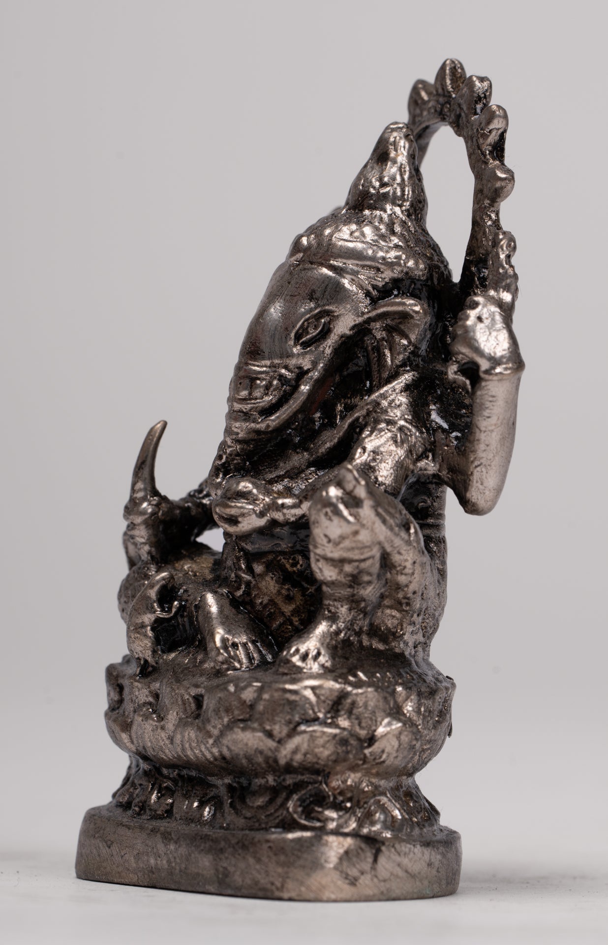 Ganesha Statue - Antique Thai Style Bronze Seated Silver Ganesha Statue - 10cm/4"
