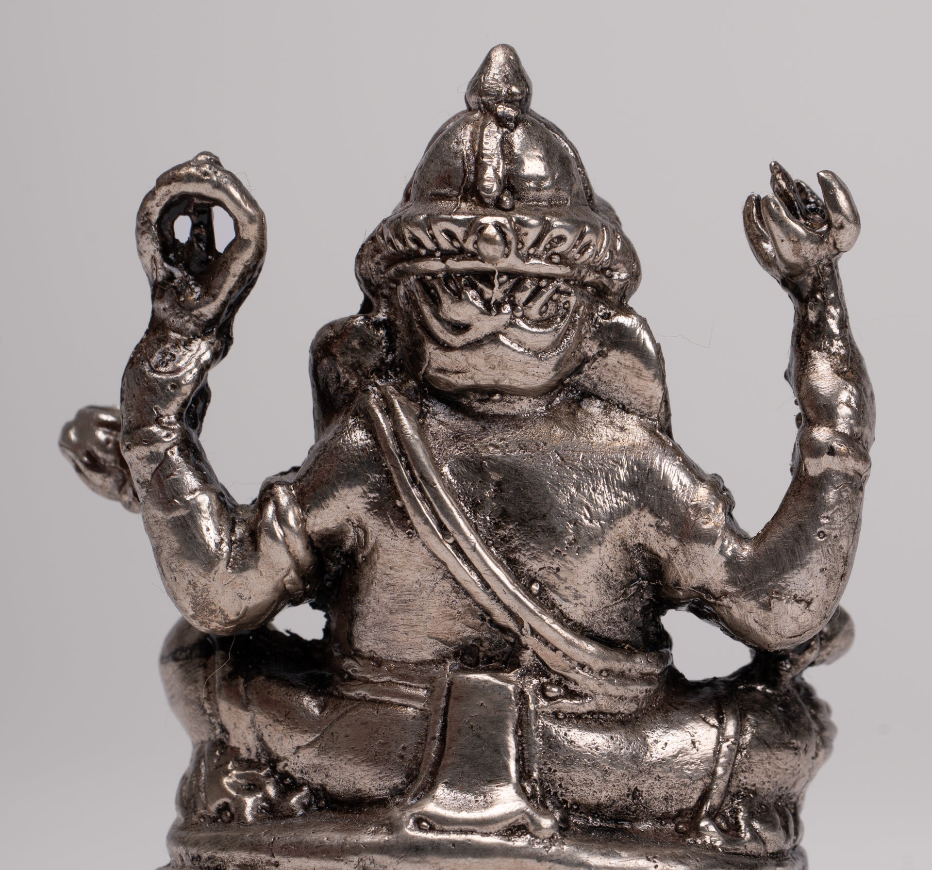Ganesha Statue - Antique Thai Style Bronze Seated Silver Ganesha Statue - 8cm/3"