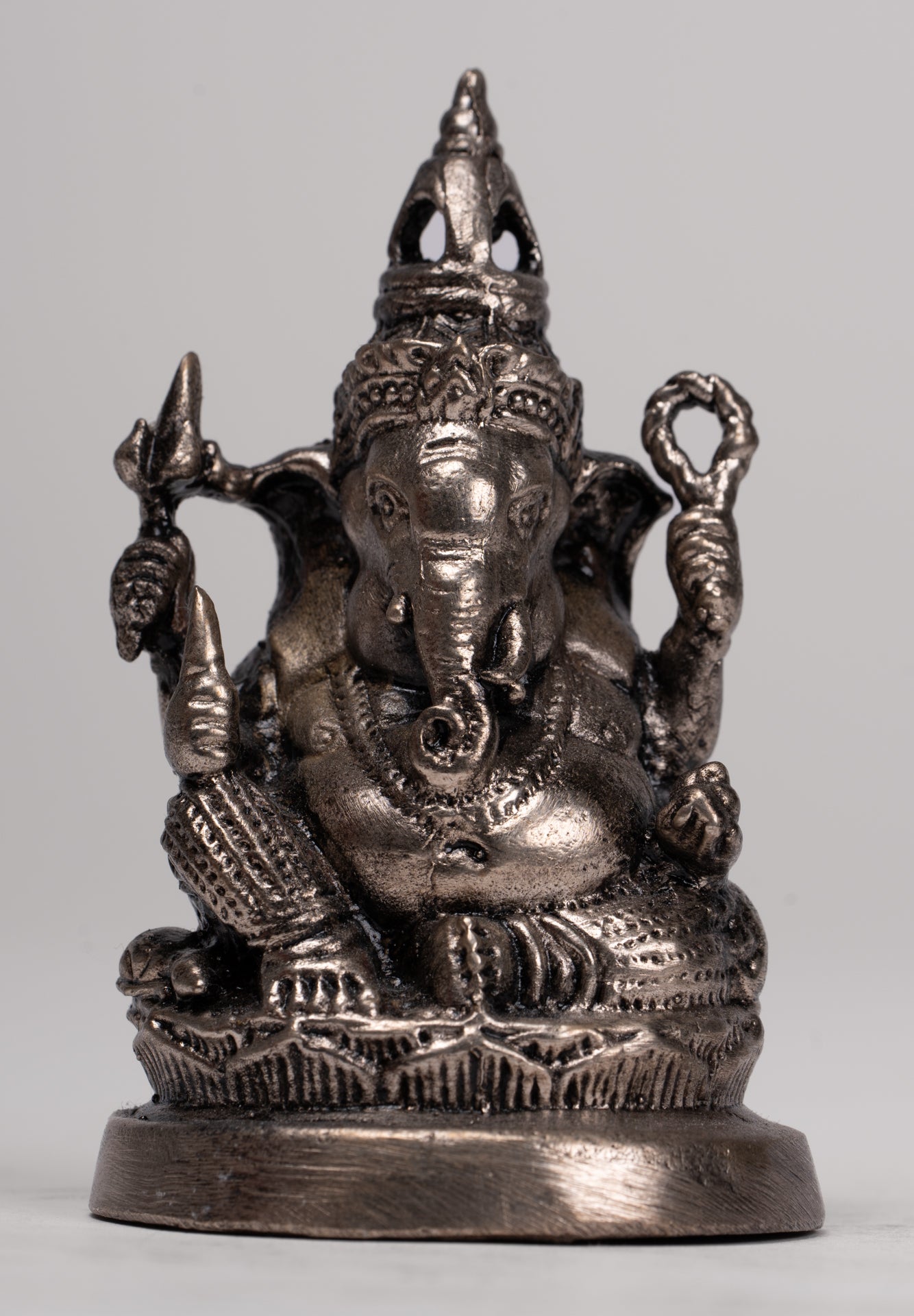 Ganesha Statue - Antique Thai Style Bronze Seated Silver Ganesha Statue - 8.5cm/3"