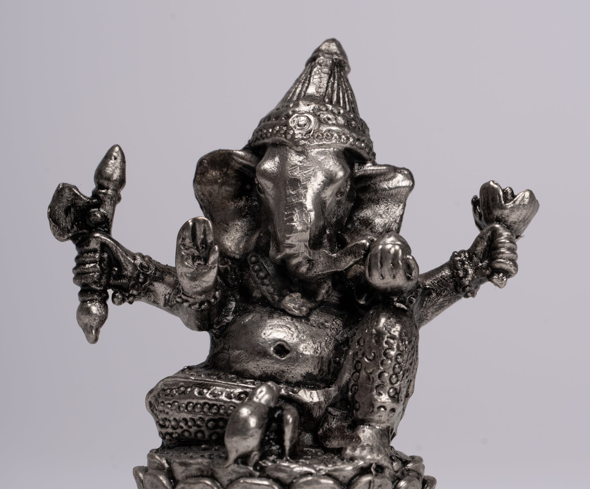 Ganesha Statue - Antique Thai Style Bronze Seated Silver Ganesha Statue - 8cm/3"