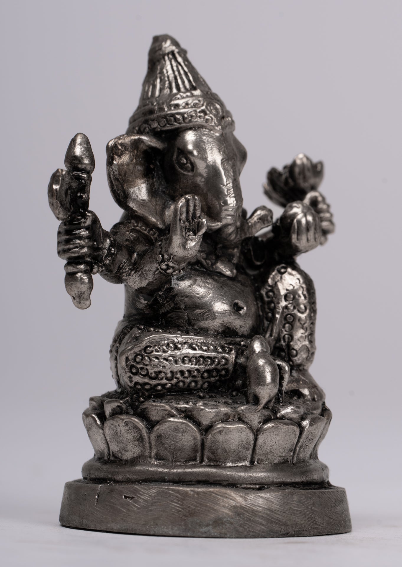 Ganesha Statue - Antique Thai Style Bronze Seated Silver Ganesha Statue - 8cm/3"