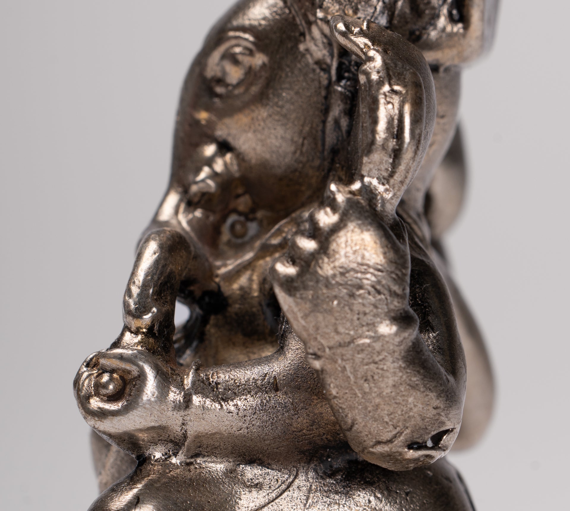 Ganesha Statue - Antique Thai Style Bronze Seated Silver Ganesha Statue - 8.5cm/3"