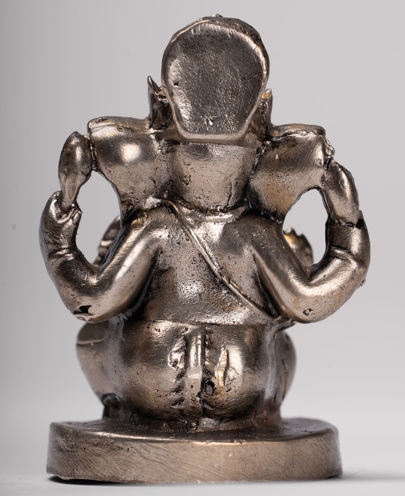 Ganesha Statue - Antique Thai Style Bronze Seated Silver Ganesha Statue - 8.5cm/3"