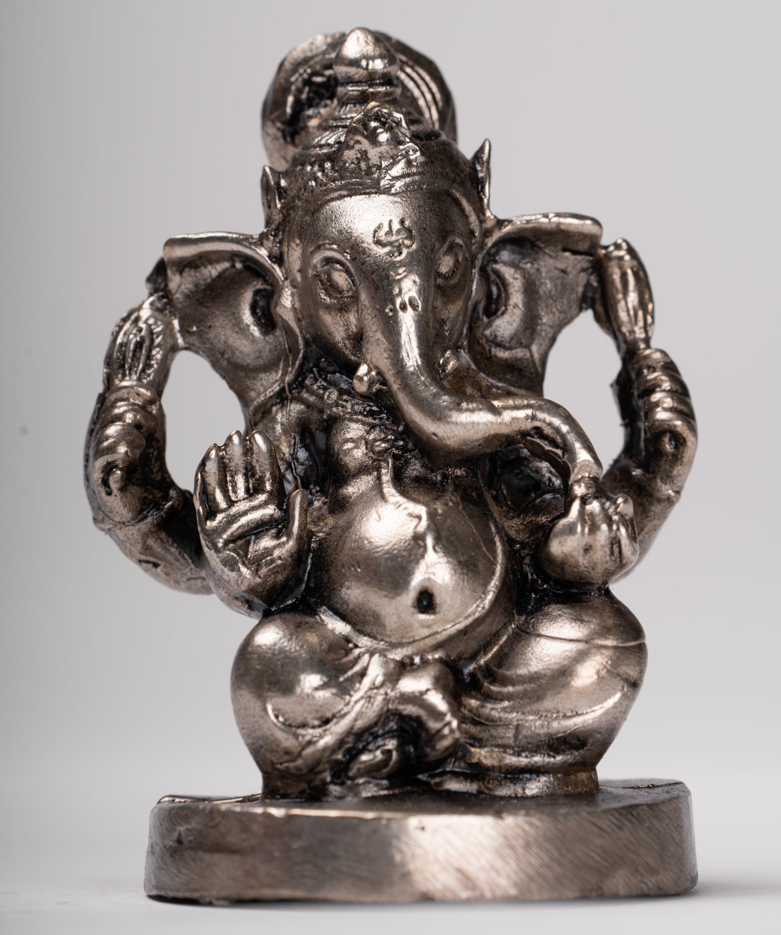 Ganesha Statue - Antique Thai Style Bronze Seated Silver Ganesha Statue - 8.5cm/3"