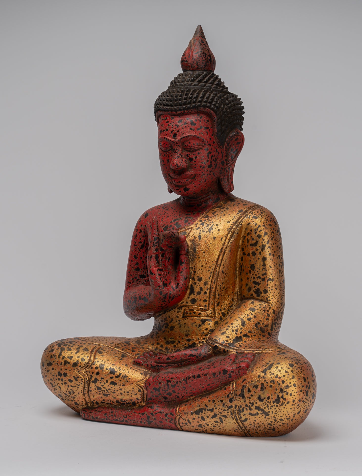 Buddha Statue - Antique Khmer Style Cambodia Seated Wood Buddha Statue Teaching Mudra - 46cm/18"