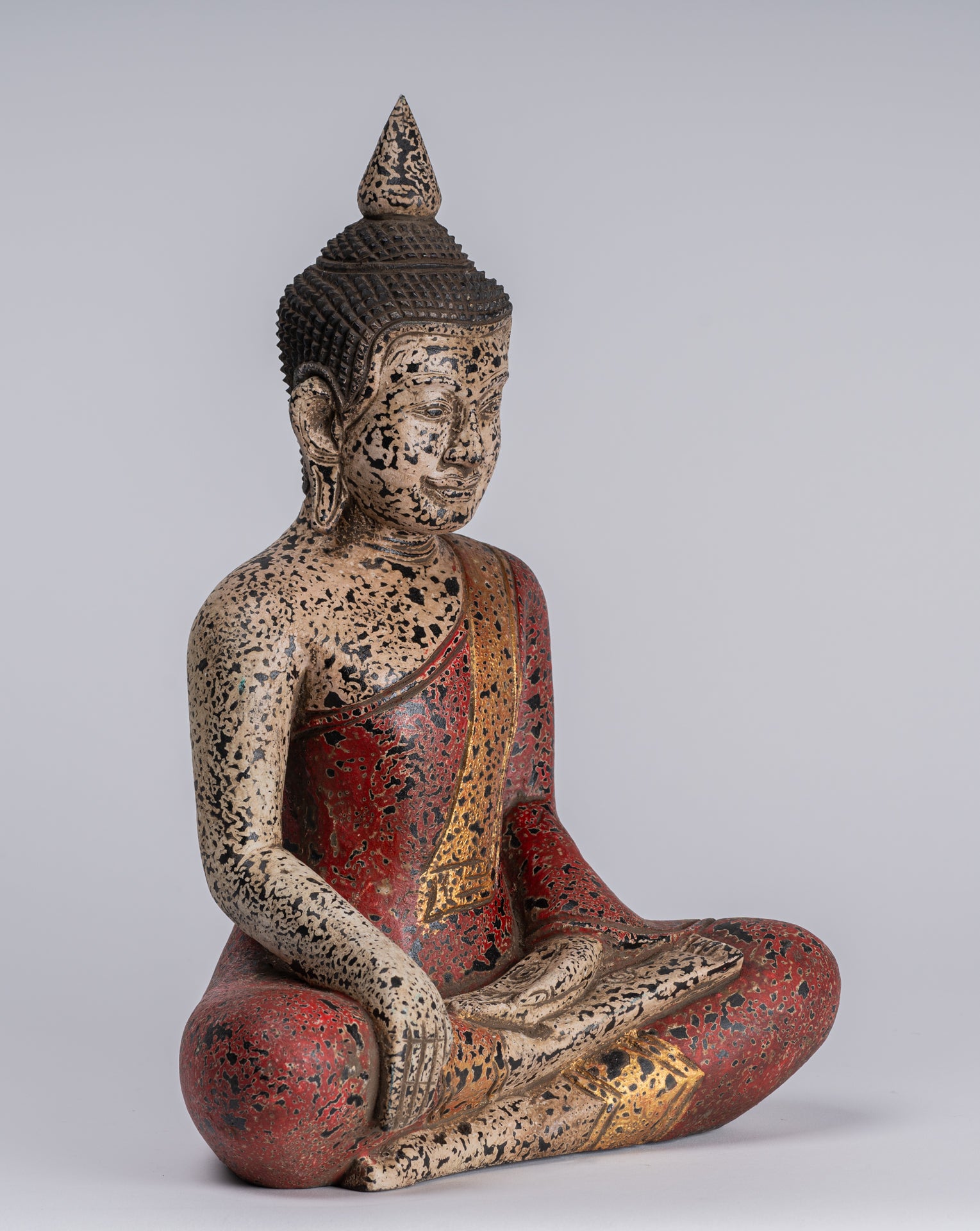 Buddha Statue - Antique Khmer Style SE Asia Seated Wood Enlightenment Buddha Statue - 34cm/14"