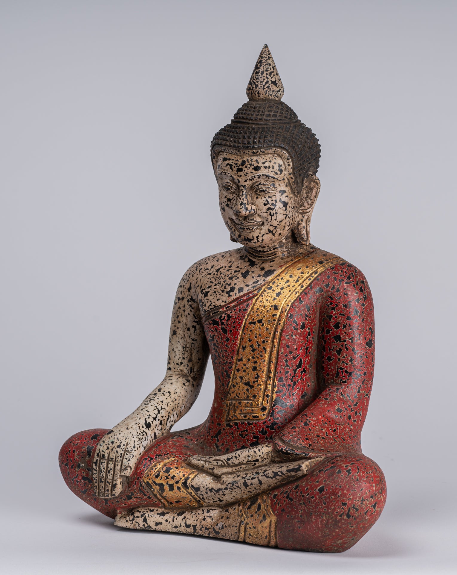 Buddha Statue - Antique Khmer Style SE Asia Seated Wood Enlightenment Buddha Statue - 34cm/14"