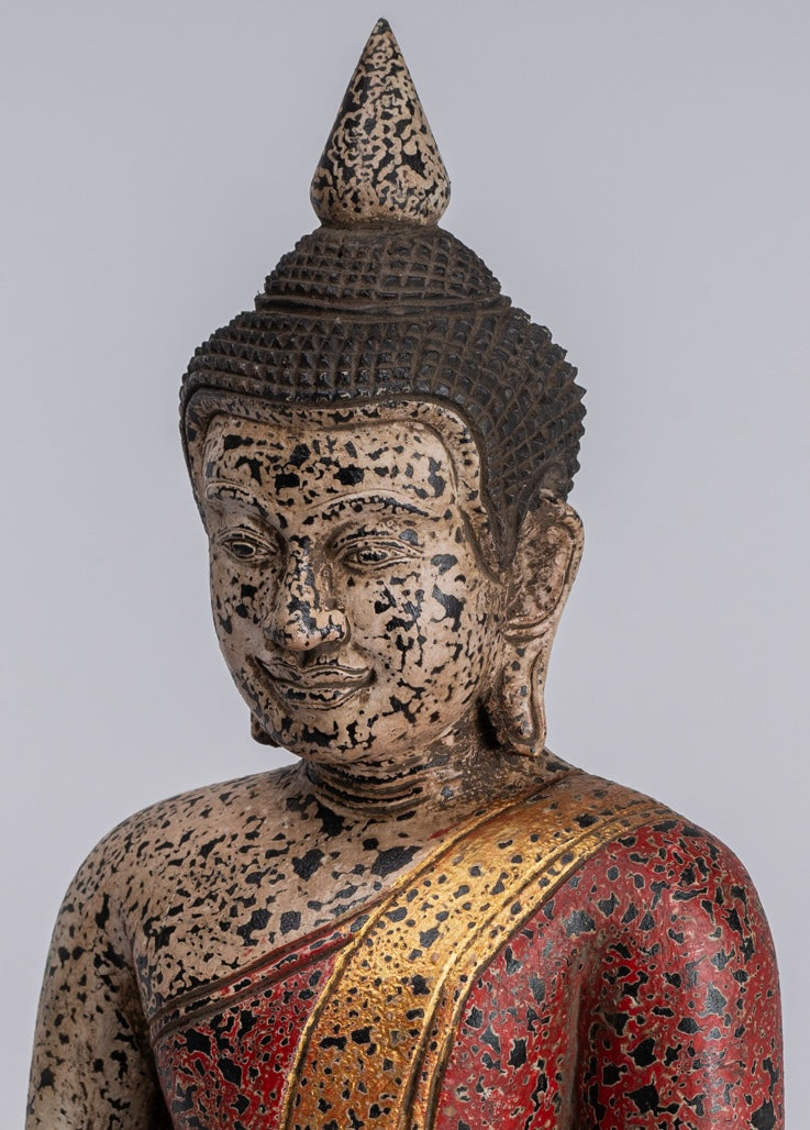 Buddha Statue - Antique Khmer Style SE Asia Seated Wood Enlightenment Buddha Statue - 34cm/14"