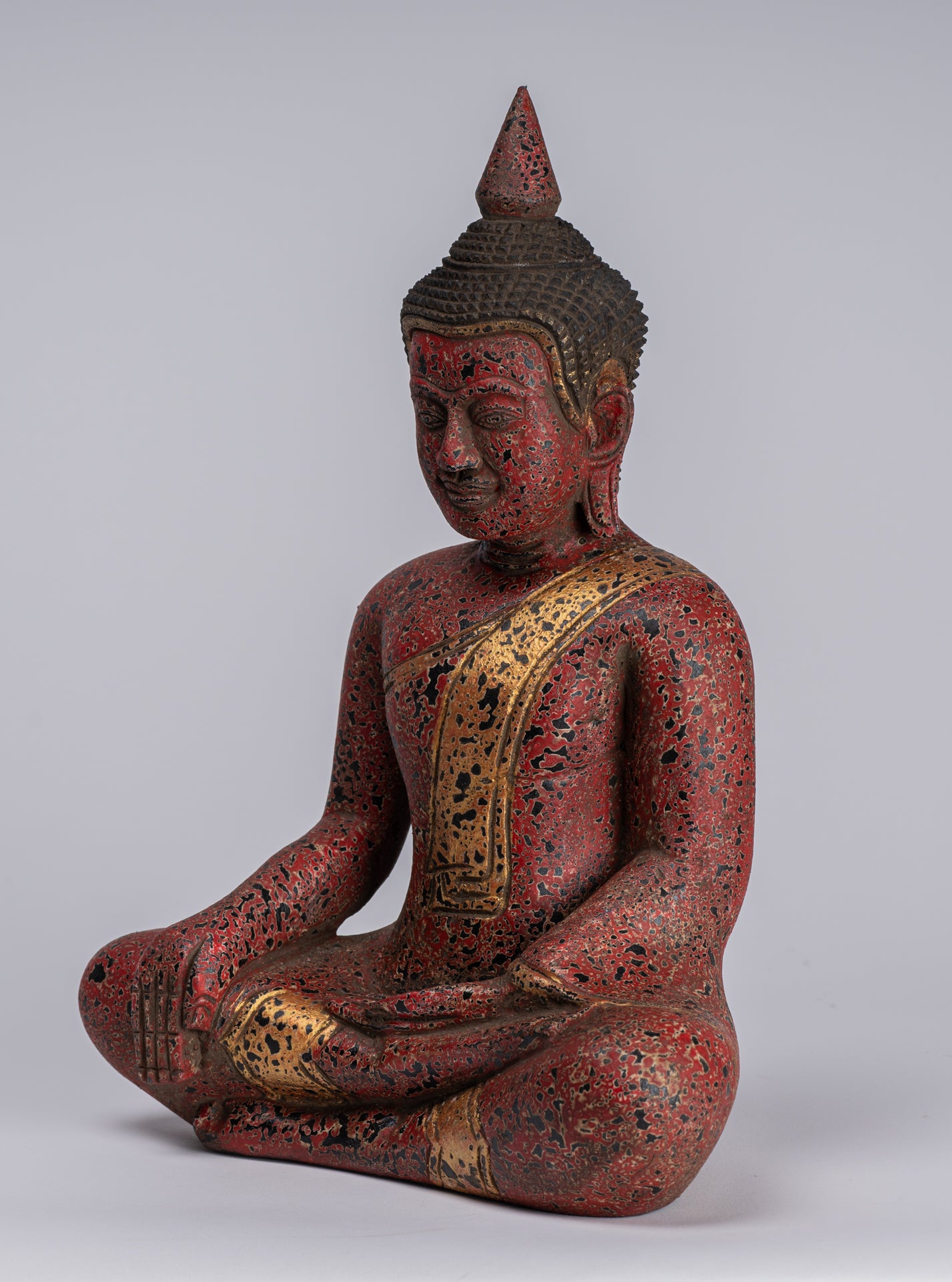 Buddha Statue - Antique Khmer Style SE Asia Seated Wood Enlightenment Buddha Statue - 33cm/13"