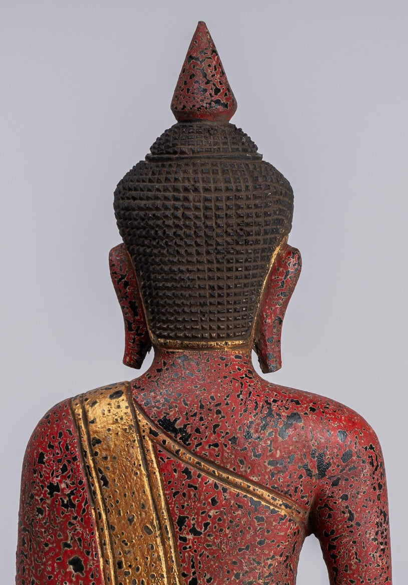 Buddha Statue - Antique Khmer Style SE Asia Seated Wood Enlightenment Buddha Statue - 33cm/13"
