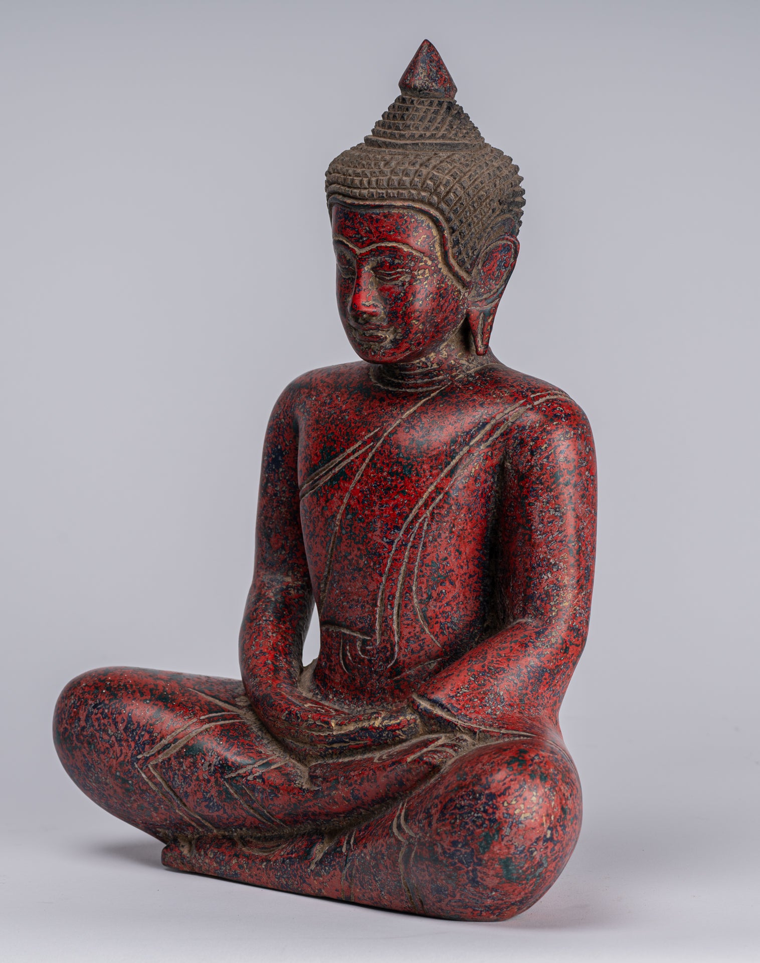 Buddha Sculpture - Antique Khmer Style Wood Seated Buddha Statue Dhyana Meditation Mudra - 33cm/13"