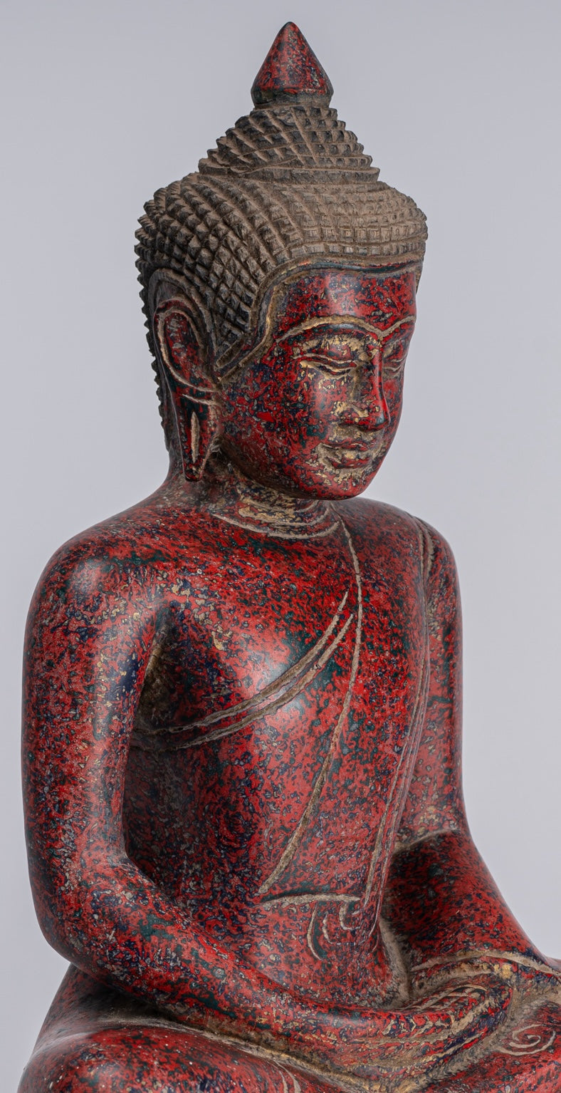 Buddha Sculpture - Antique Khmer Style Wood Seated Buddha Statue Dhyana Meditation Mudra - 33cm/13"