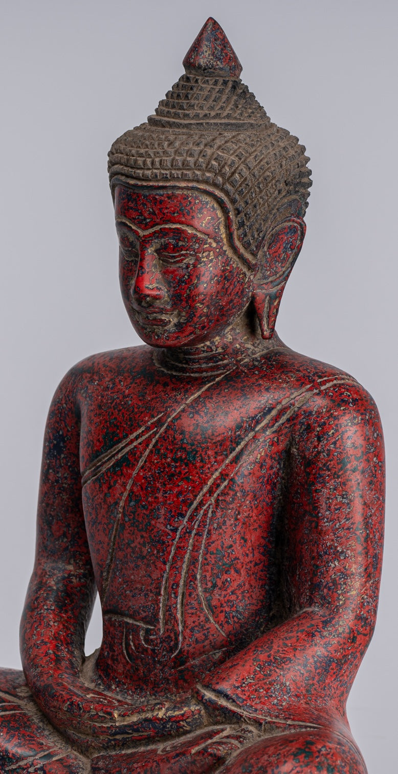 Buddha Sculpture - Antique Khmer Style Wood Seated Buddha Statue Dhyana Meditation Mudra - 33cm/13"