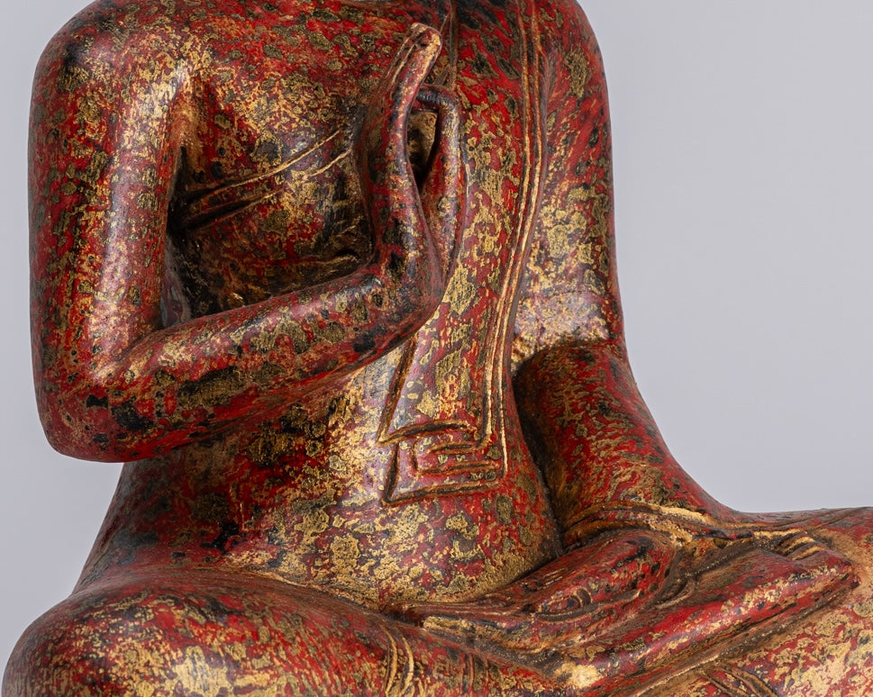 Buddha Statue - Antique Khmer Style Cambodia Seated Wood Buddha Statue Teaching Mudra - 32cm/13"
