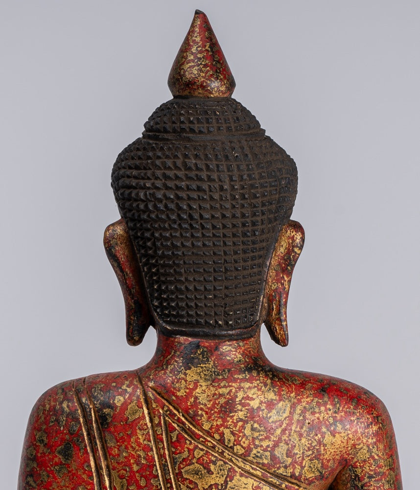 Buddha Statue - Antique Khmer Style Cambodia Seated Wood Buddha Statue Teaching Mudra - 32cm/13"