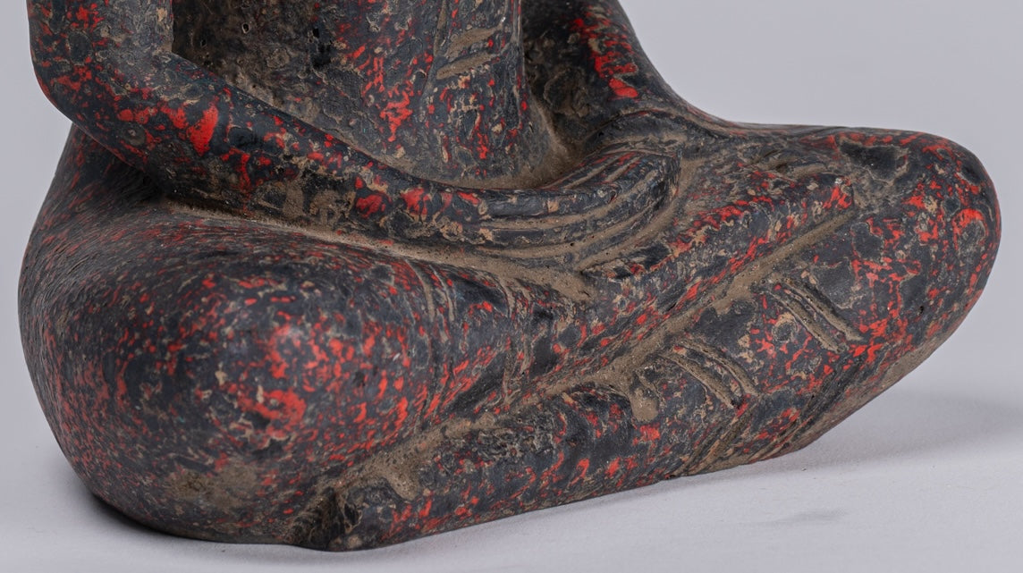 Buddha Sculpture - Antique Khmer Style Wood Seated Buddha Statue Dhyana Meditation Mudra - 20cm/8"