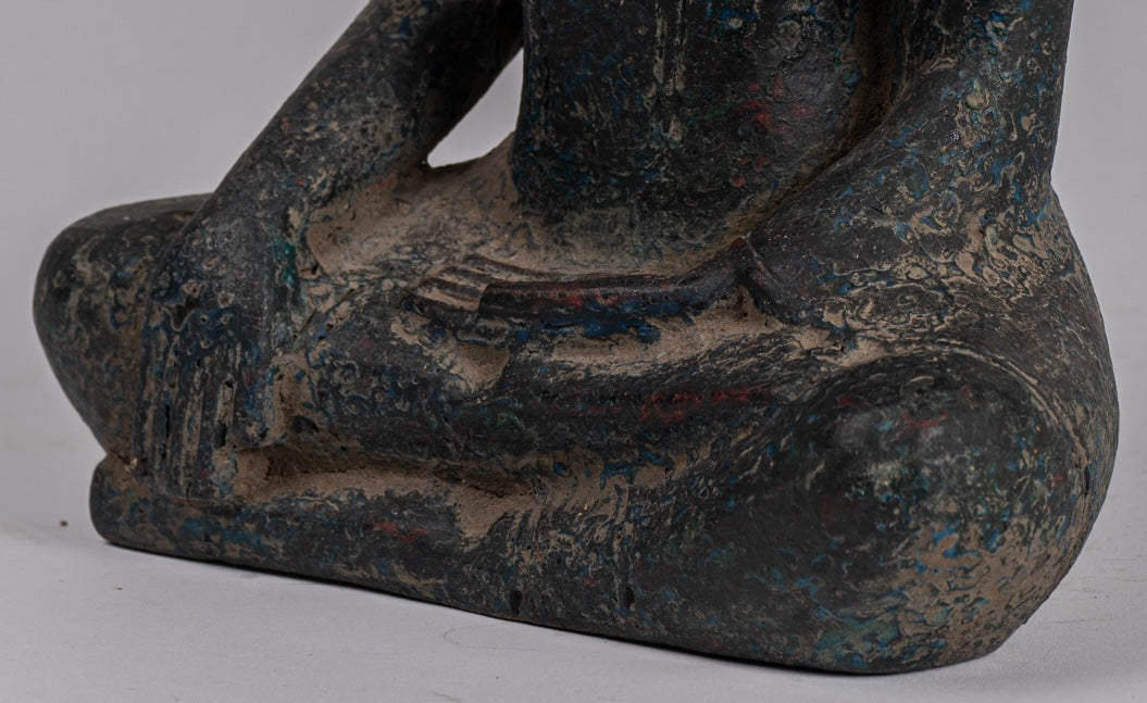 Buddha Statue - Antique Khmer Style SE Asia Seated Wood Enlightenment Buddha Statue - 21cm/8"