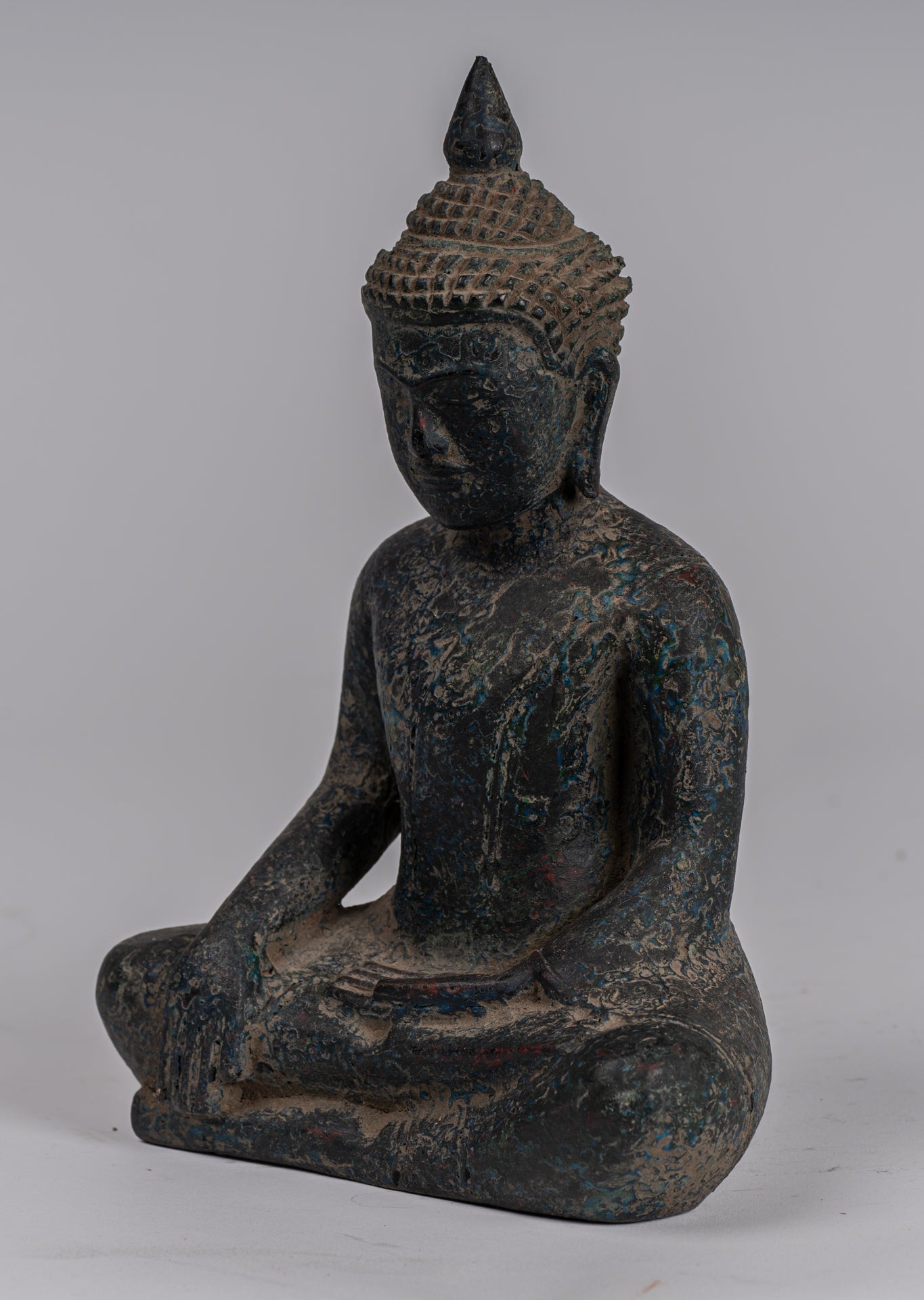 Buddha Statue - Antique Khmer Style SE Asia Seated Wood Enlightenment Buddha Statue - 21cm/8"