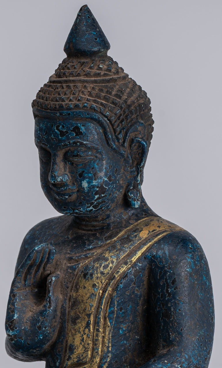 Buddha Statue - Antique Khmer Style Cambodia Seated Wood Buddha Statue Teaching Mudra - 20cm/8"