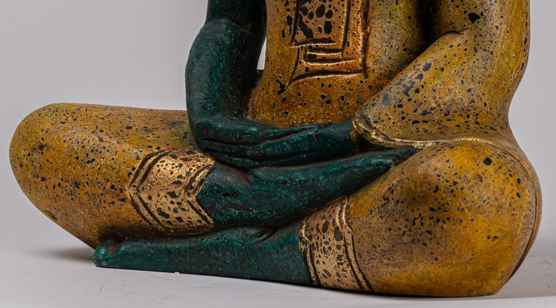 Buddha Sculpture - Antique Khmer in stile Khmer Legno Buddha Statua Dhyana Meditazione Mudra - 39 cm/16 "