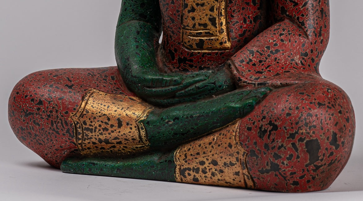 Buddha Sculpture - Antique Khmer in stile Khmer Legno Buddha Statua Dhyana Meditazione Mudra - 47 cm/19 "