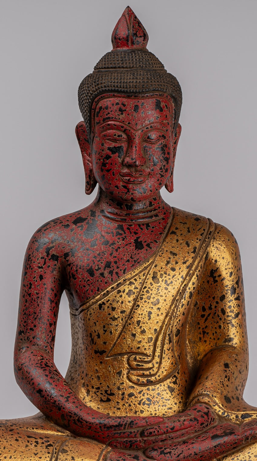 Buddha Sculpture - Antique Khmer Style Wood Seated Buddha Statue Dhyana Meditation Mudra - 51cm/20"