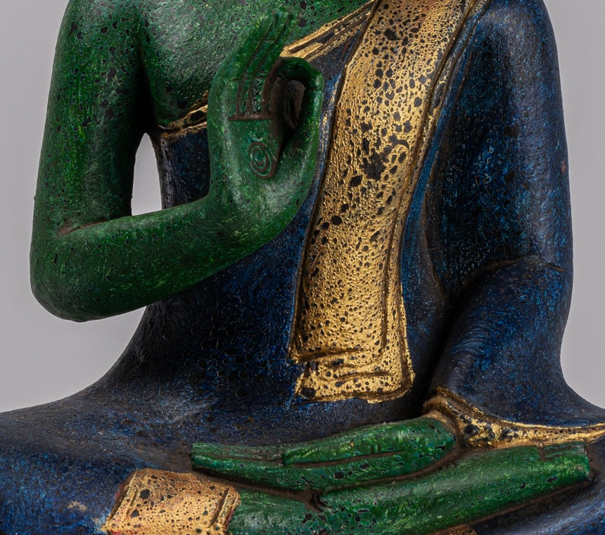 Buddha Statue - Antique Khmer Style Cambodia Seated Wood Buddha Statue Teaching Mudra - 39cm/16"