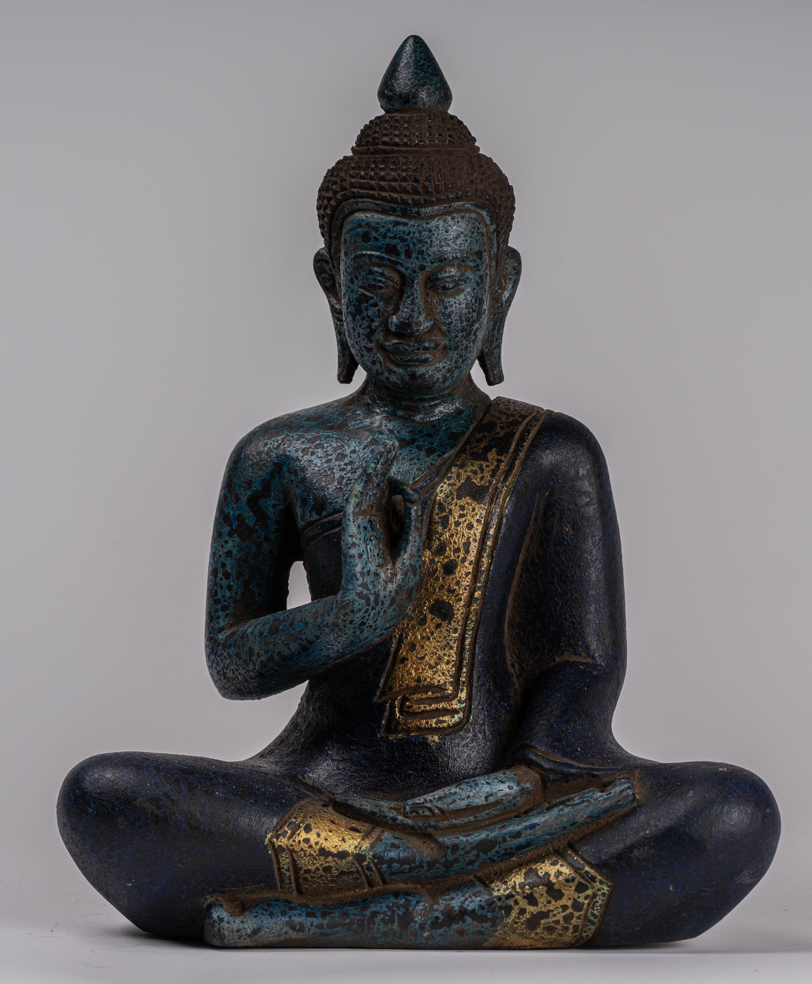 Buddha Statue - Antique Khmer Style Cambodia Seated Wood Buddha Statue Teaching Mudra - 31cm/12"