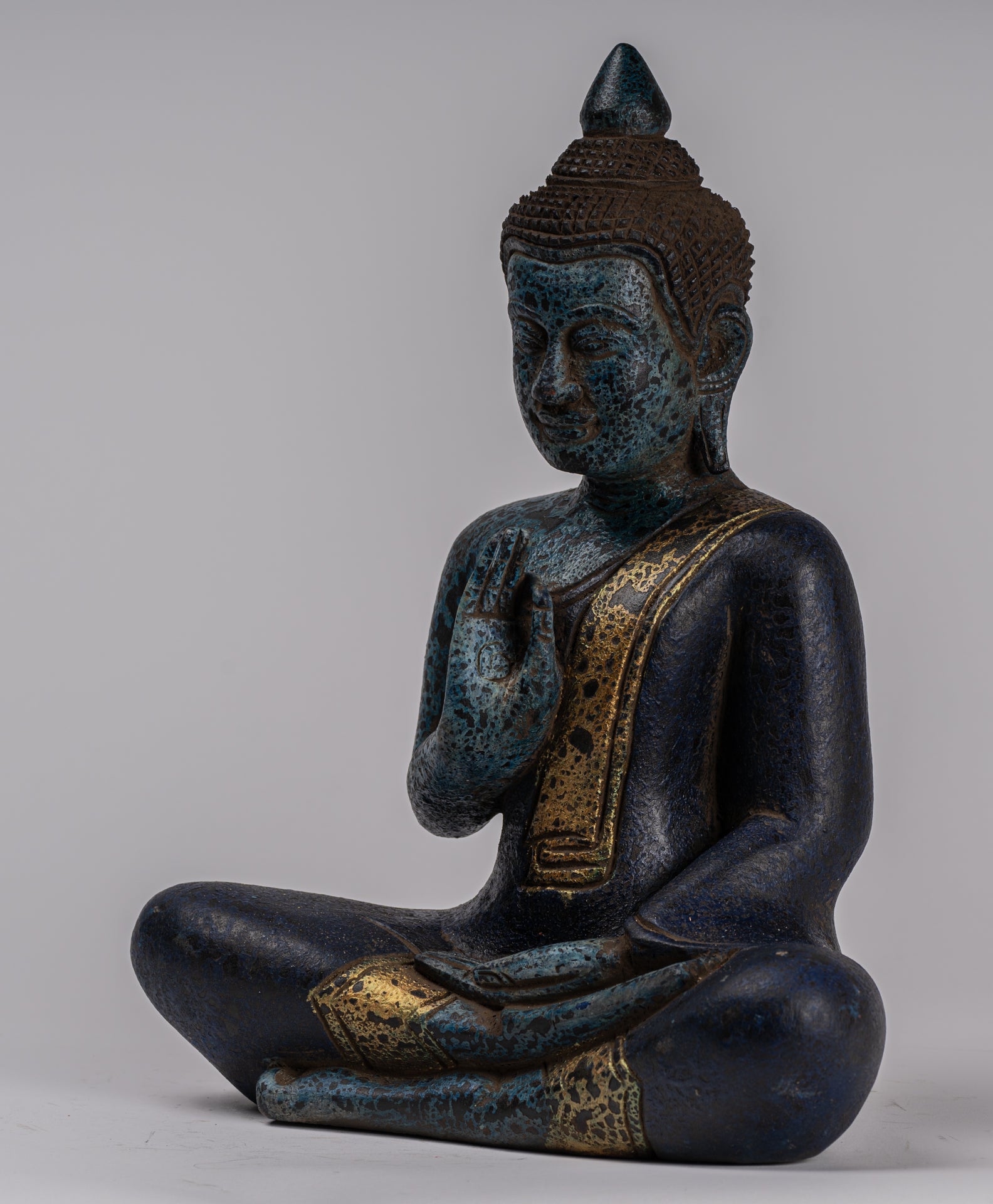 Buddha Statue - Antique Khmer Style Cambodia Seated Wood Buddha Statue Teaching Mudra - 31cm/12"