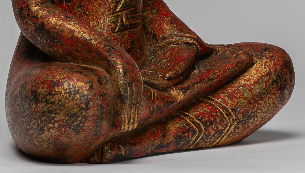 Buddha Statue - Antique Khmer Style SE Asia Seated Wood Enlightenment Buddha Statue - 33cm/13"