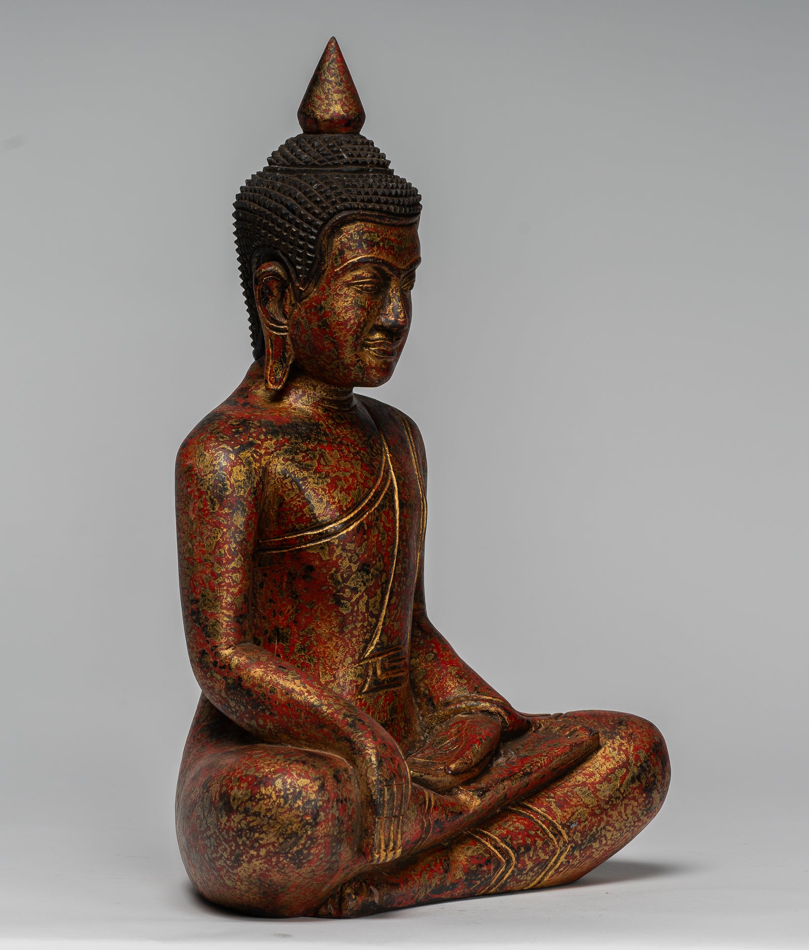 Buddha Statue - Antique Khmer Style SE Asia Seated Wood Enlightenment Buddha Statue - 33cm/13"