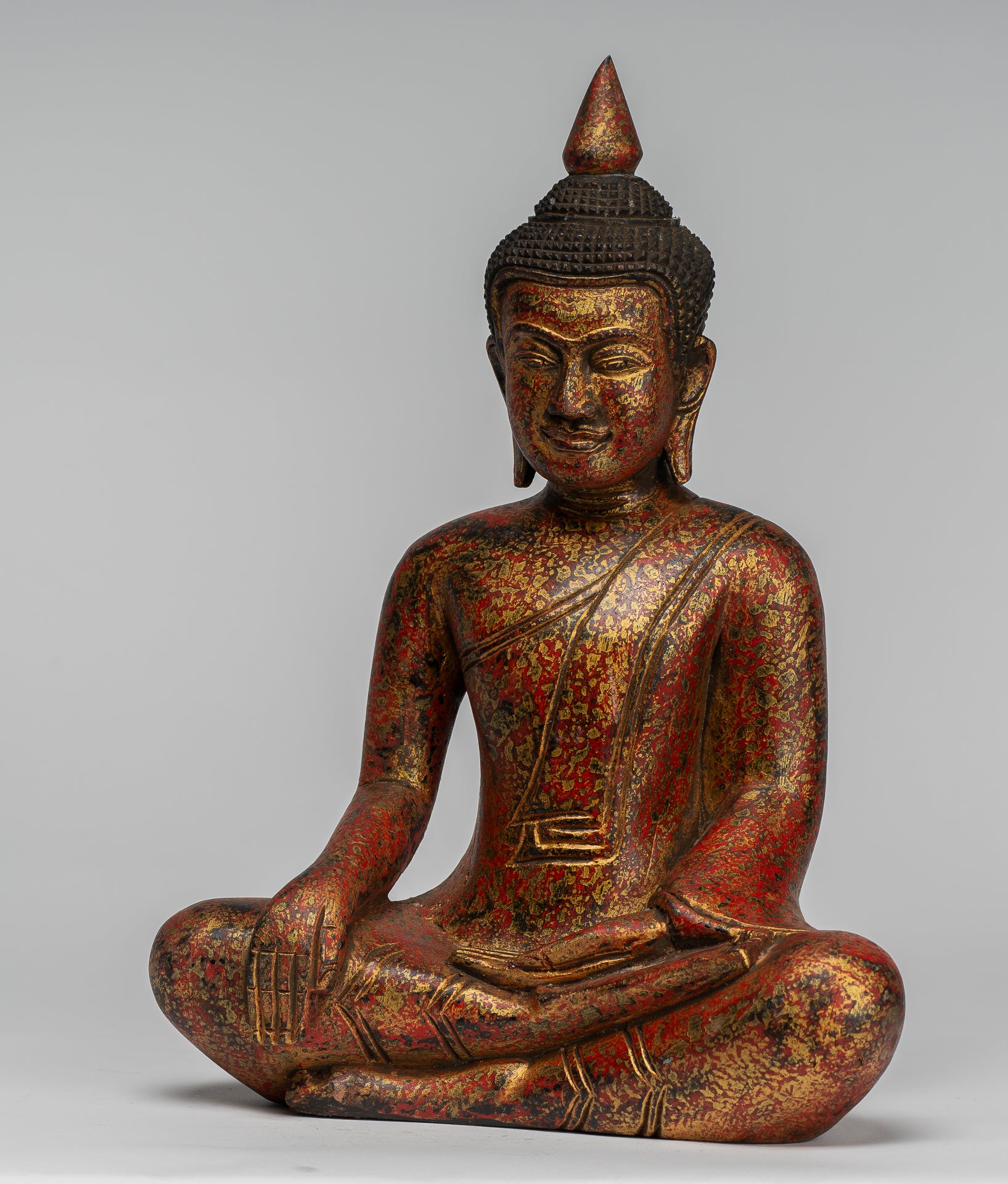 Buddha Statue - Antique Khmer Style SE Asia Seated Wood Enlightenment Buddha Statue - 33cm/13"