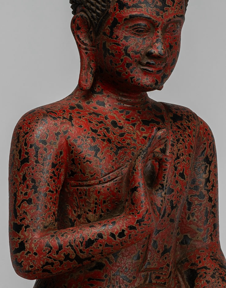 Buddha Statue - Antique Khmer Style Cambodia Seated Wood Buddha Statue Teaching Mudra - 40cm/16"