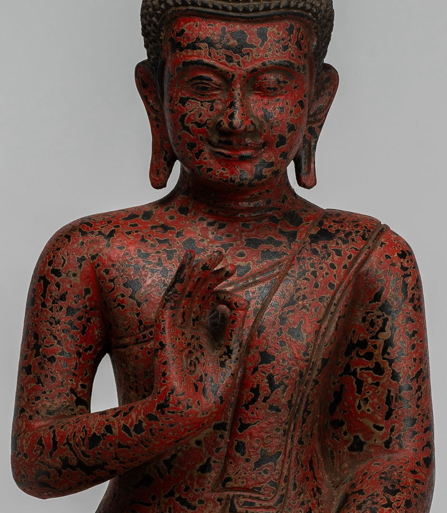 Buddha Statue - Antique Khmer Style Cambodia Seated Wood Buddha Statue Teaching Mudra - 40cm/16"