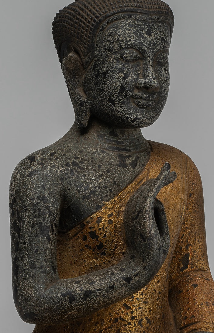 Buddha Statue - Antique Khmer Style Cambodia Seated Wood Buddha Statue Teaching Mudra - 44cm/18"